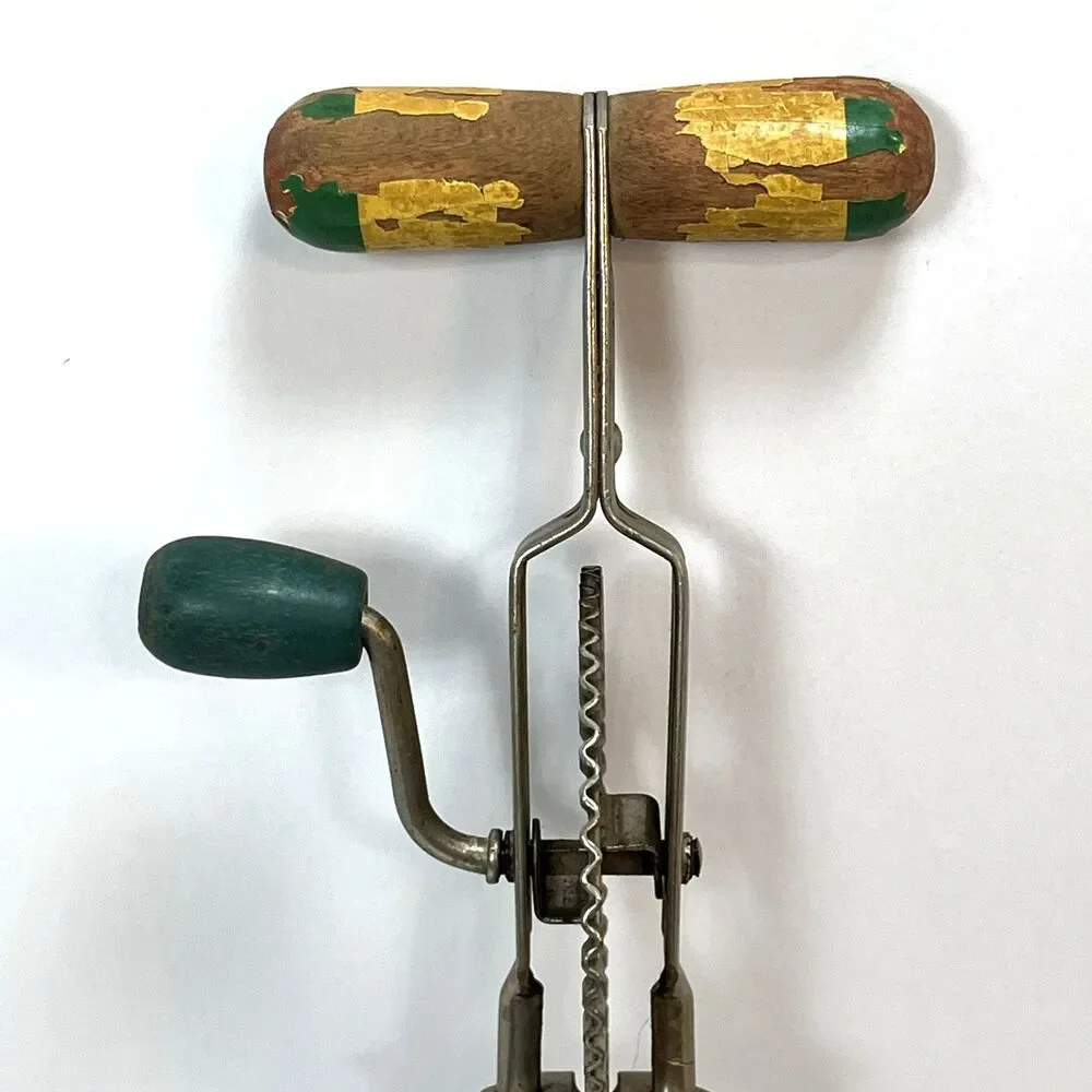 Antique A&J USA High Speed Hand Mixer Egg Beater Vintage Green Wood Handle